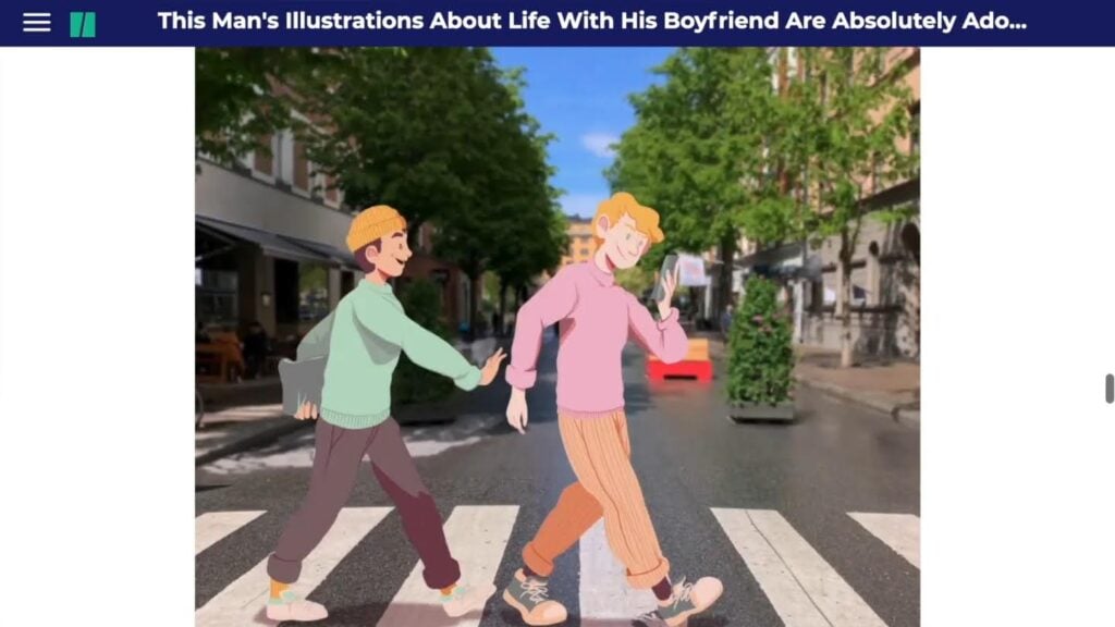 Illustration of two men happily walking, layered over a photograph of a city crosswalk
