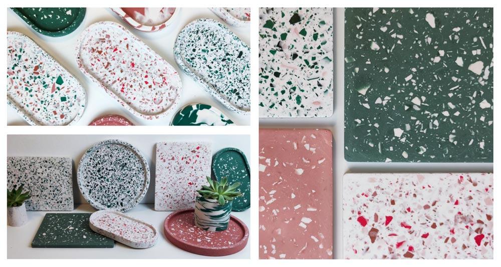 Collage-style photo of multiple terrazzo projects, including jewelry trays, plates, and planting accessories