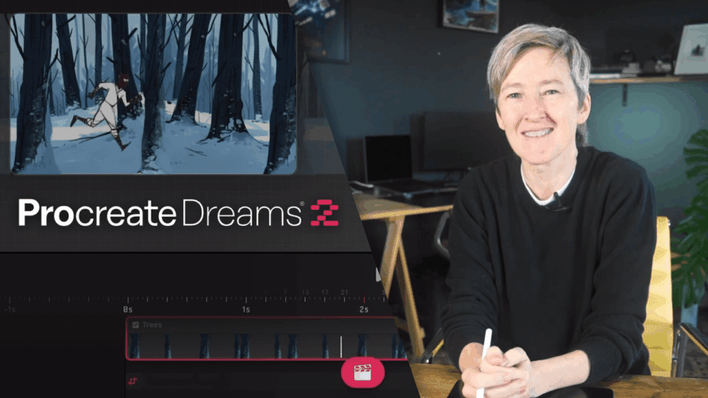 A woman wearing a black sweater smiles at the camera. Next to her is a still from an animated scene of a figure running through a snowy forest, with the Procreate Dreams 2 Timeline featured underneath