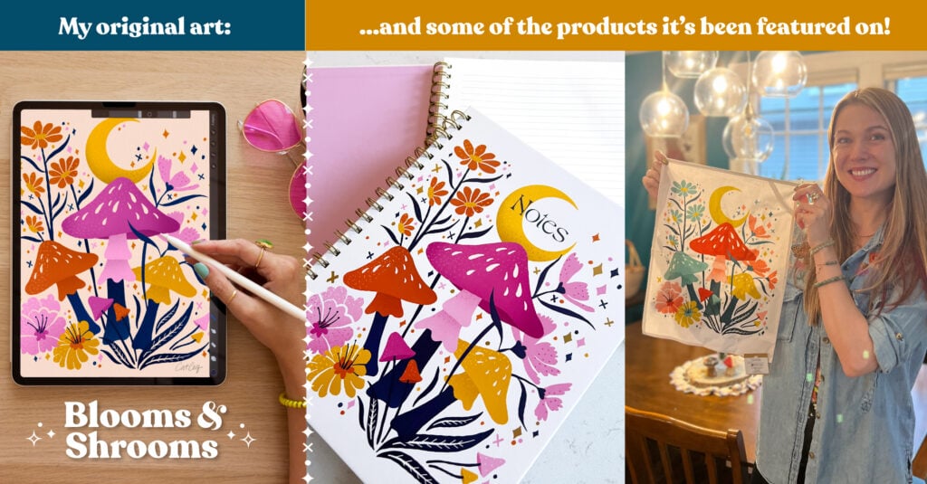 A colorful mushroom drawing in its original form as digital art on an ipad, as a notebook cover, and as a tea towel
