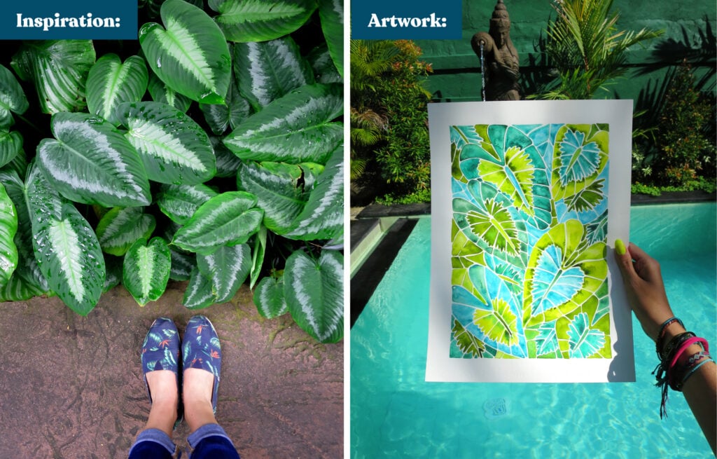 A photo of plants labeled "Inspiration" next to a photo of a painting labeled "Artwork"