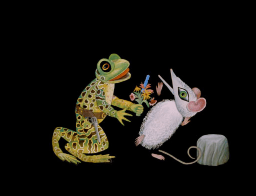 a papercut illustration of a green frog and a white mouse